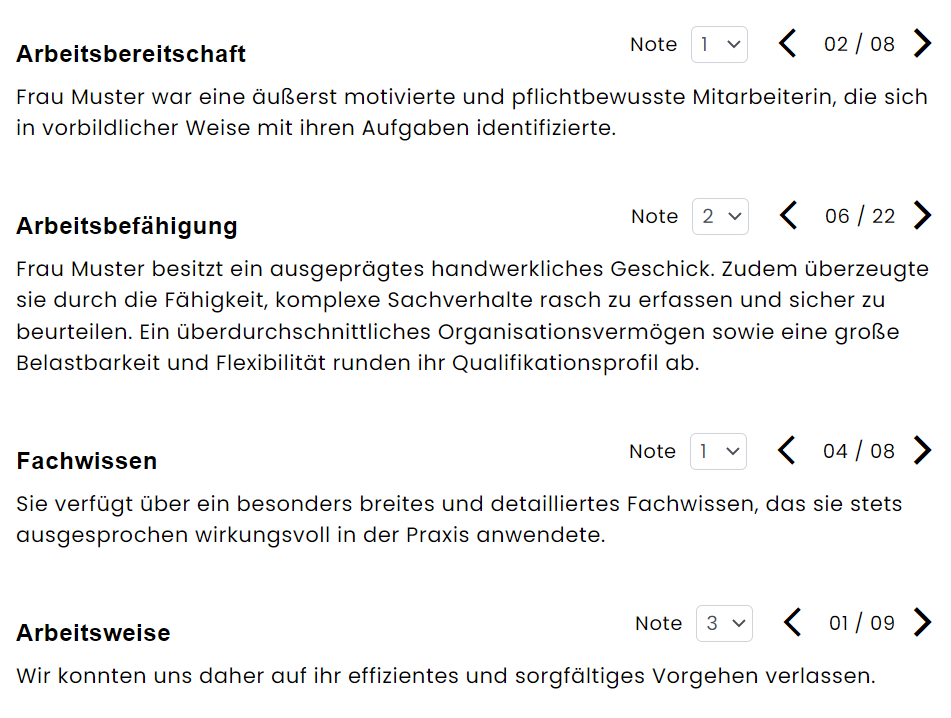 Arbeitszeugnis-Generator: Screenshot möglicher Benotungen